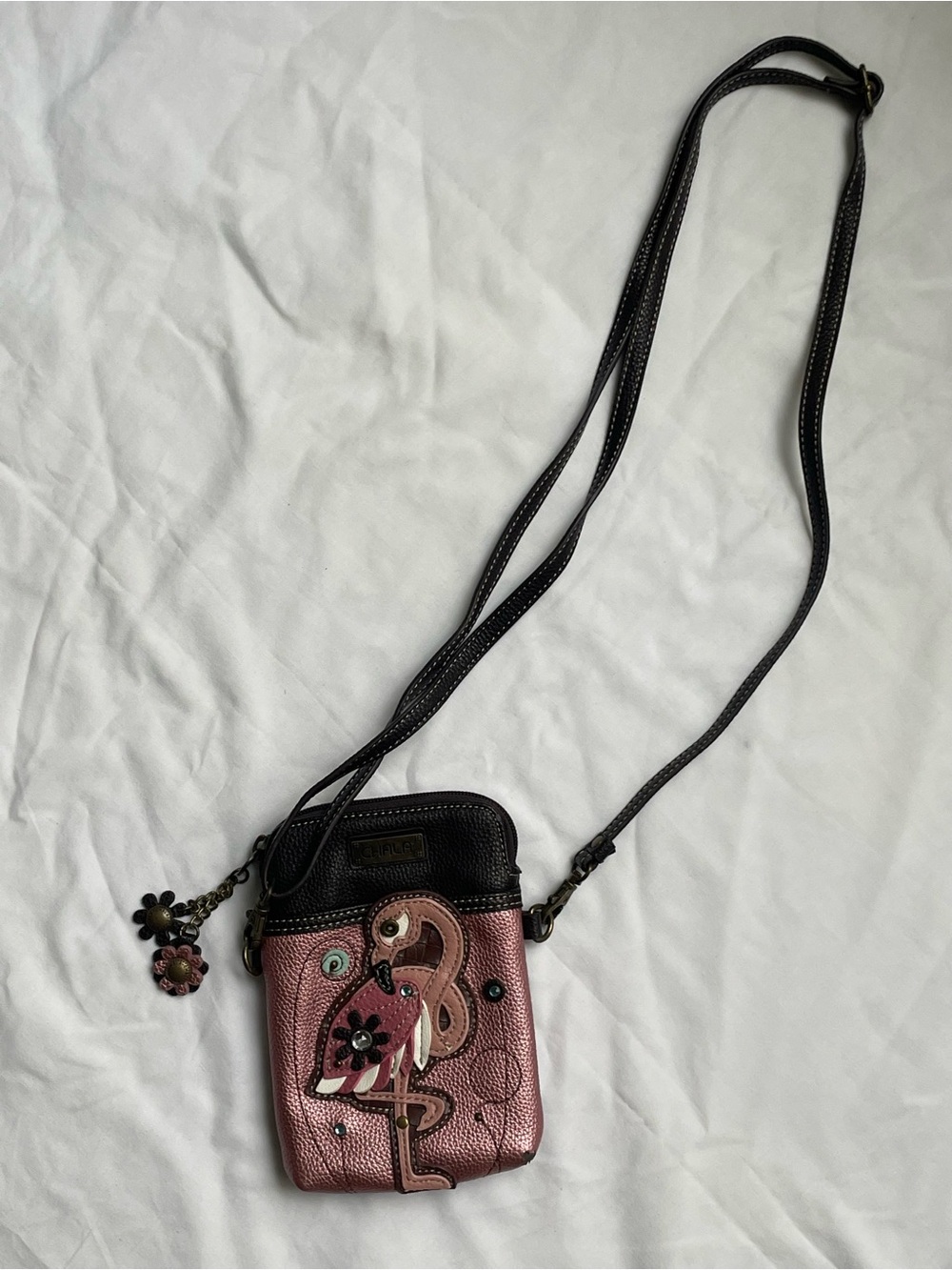 Chala Pink Flamingo Crossbody Phone Bag with Black Strap